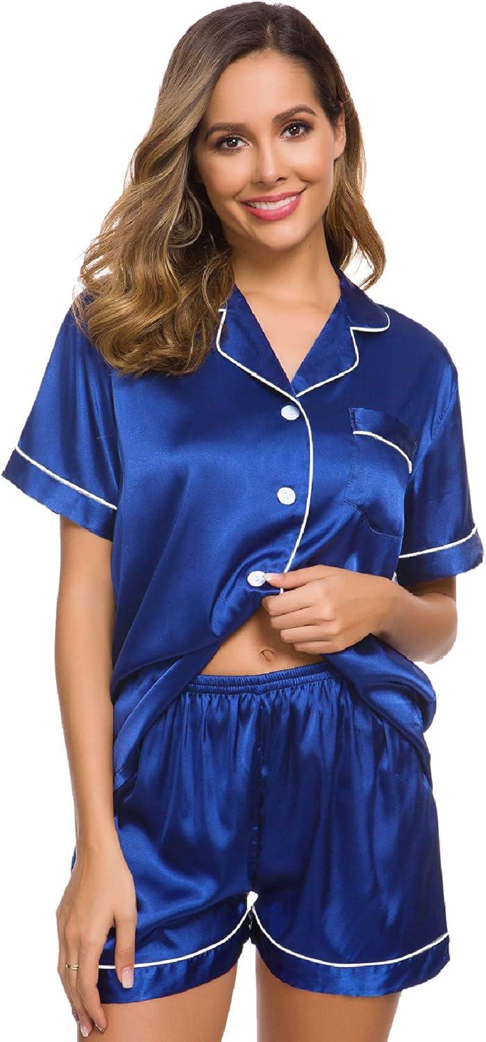 imageSWOMOG Womens Silk Satin Pajamas Set Short Sleeve Sleepwear Button Down Top and Shorts Loungewear 2 Piece Pjs Set XS3XLMidnight Blue