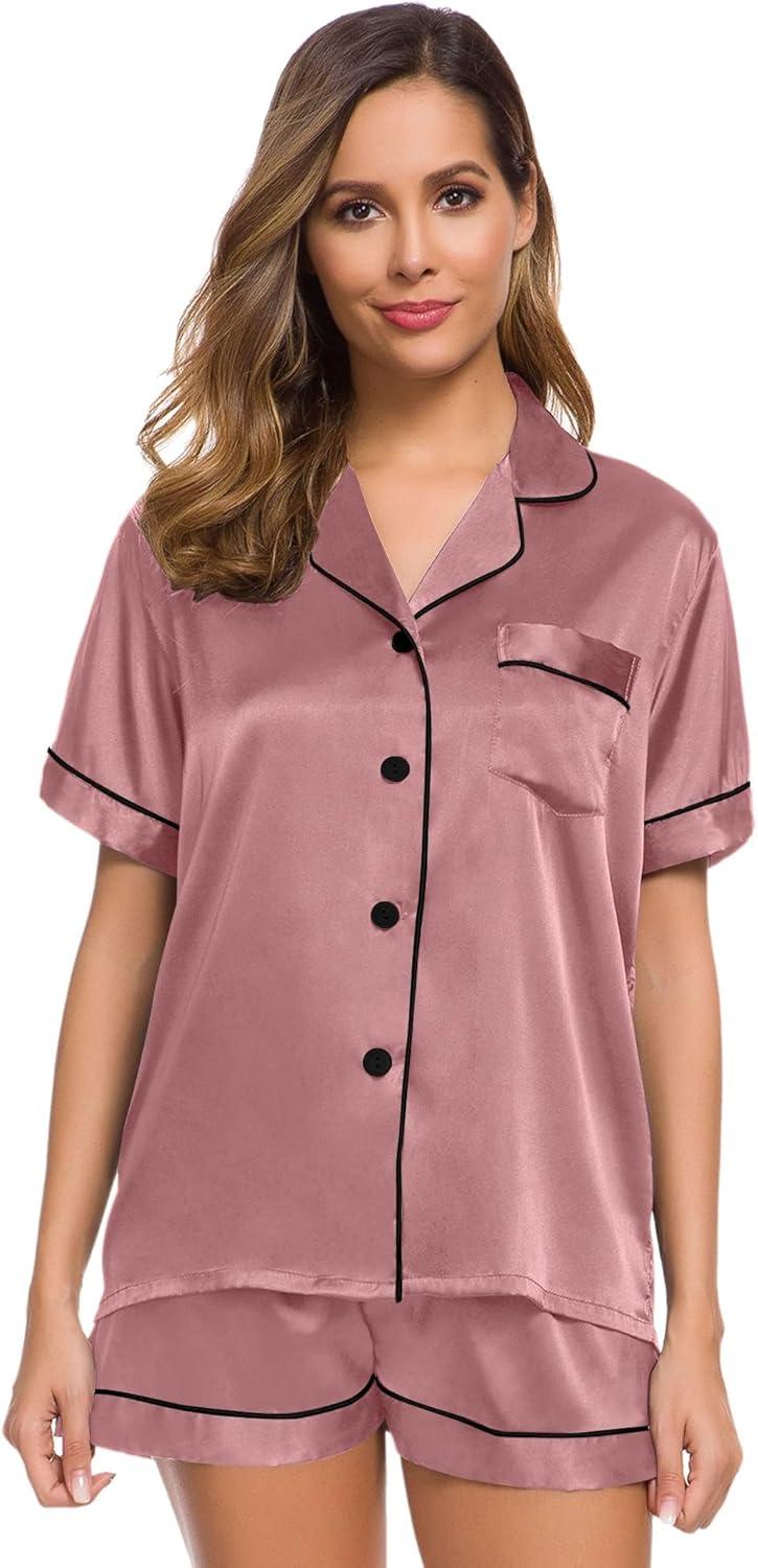 imageSWOMOG Womens Silk Satin Pajamas Set Short Sleeve Sleepwear Button Down Top and Shorts Loungewear 2 Piece Pjs Set XS3XLMisty Rose