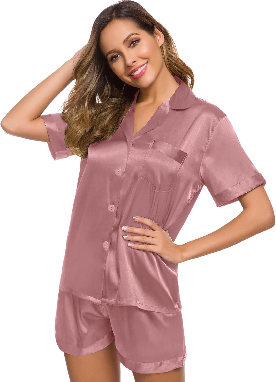 imageSWOMOG Womens Silk Satin Pajamas Set Short Sleeve Sleepwear Button Down Top and Shorts Loungewear 2 Piece Pjs Set XS3XLMisty Rose Solid