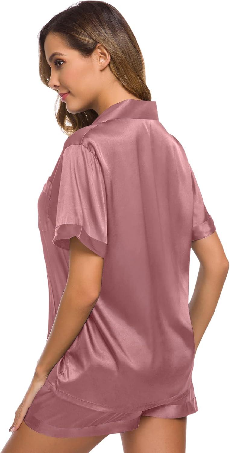 imageSWOMOG Womens Silk Satin Pajamas Set Short Sleeve Sleepwear Button Down Top and Shorts Loungewear 2 Piece Pjs Set XS3XLMisty Rose Solid