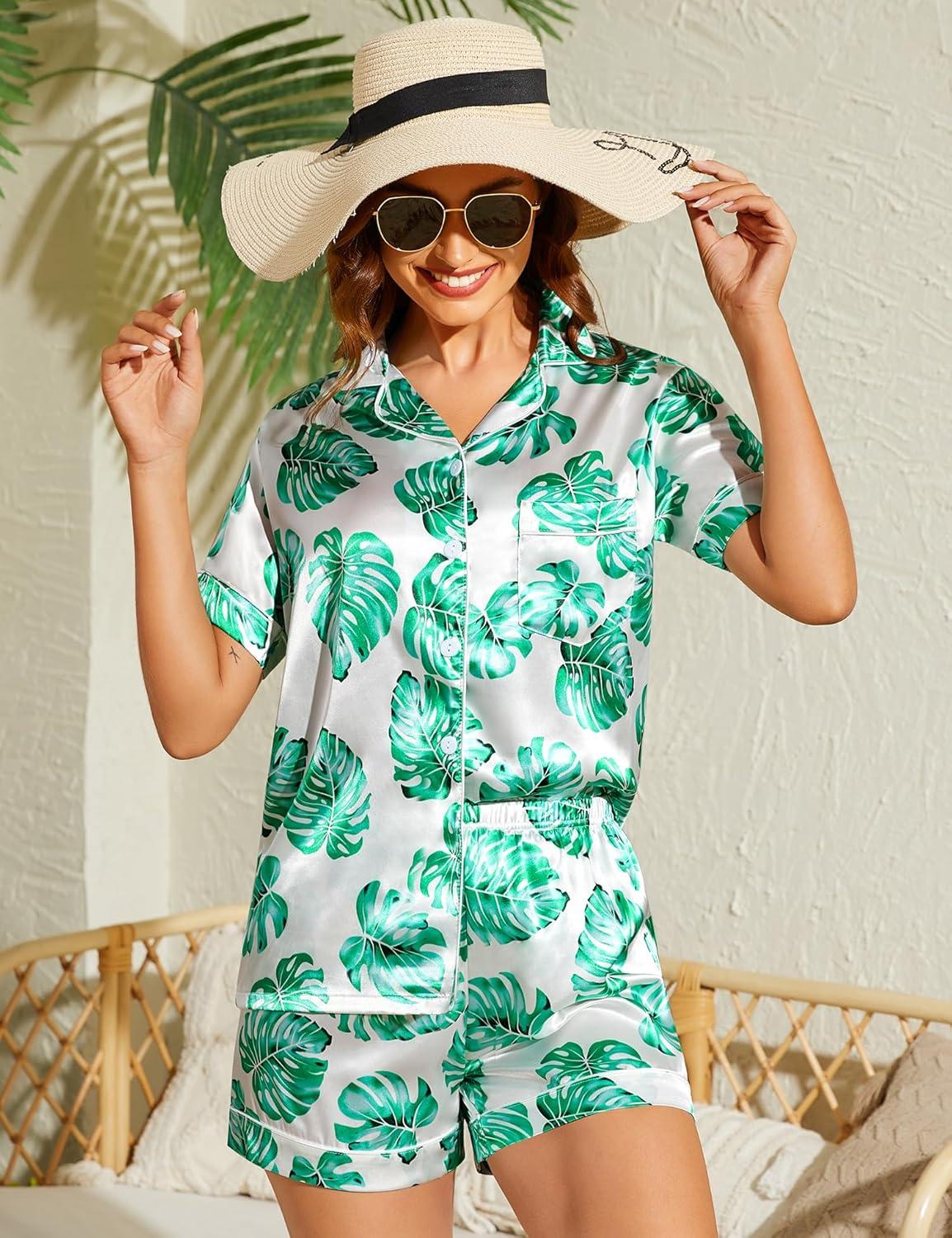 imageSWOMOG Womens Silk Satin Pajamas Set Short Sleeve Sleepwear Button Down Top and Shorts Loungewear 2 Piece Pjs Set XS3XLMonstera Leaf