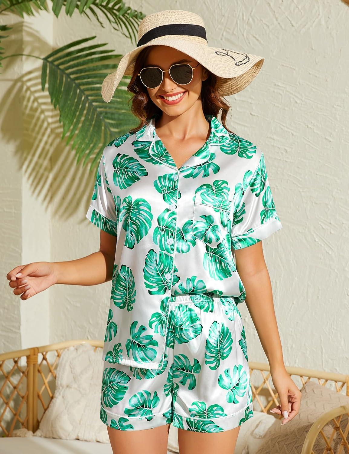imageSWOMOG Womens Silk Satin Pajamas Set Short Sleeve Sleepwear Button Down Top and Shorts Loungewear 2 Piece Pjs Set XS3XLMonstera Leaf
