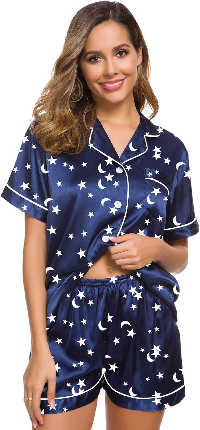 imageSWOMOG Womens Silk Satin Pajamas Set Short Sleeve Sleepwear Button Down Top and Shorts Loungewear 2 Piece Pjs Set XS3XLMoon and Star Navy Blue