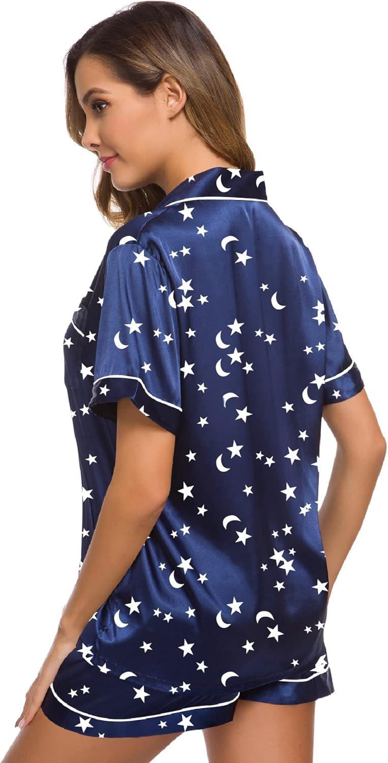 imageSWOMOG Womens Silk Satin Pajamas Set Short Sleeve Sleepwear Button Down Top and Shorts Loungewear 2 Piece Pjs Set XS3XLMoon and Star Navy Blue