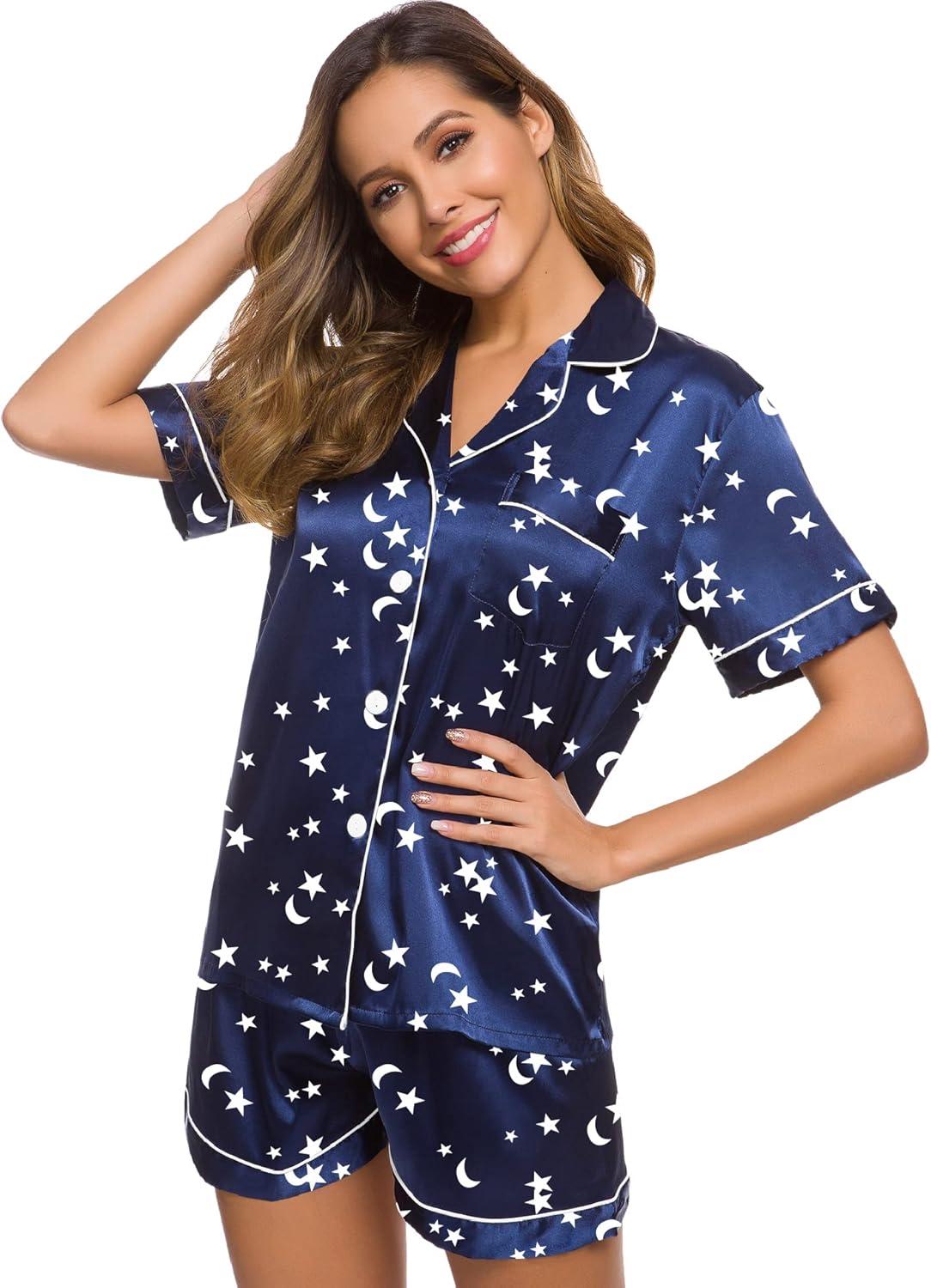 imageSWOMOG Womens Silk Satin Pajamas Set Short Sleeve Sleepwear Button Down Top and Shorts Loungewear 2 Piece Pjs Set XS3XLMoon and Star Navy Blue