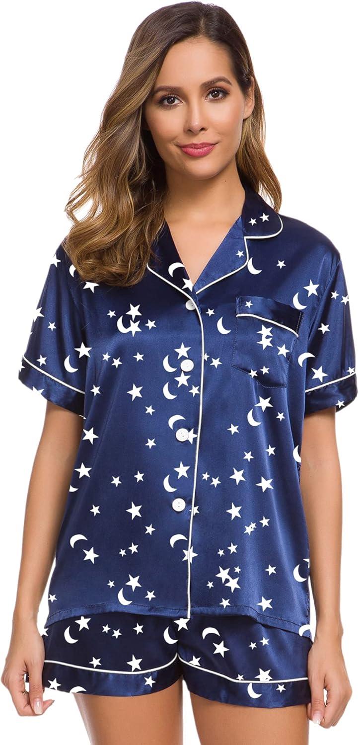 imageSWOMOG Womens Silk Satin Pajamas Set Short Sleeve Sleepwear Button Down Top and Shorts Loungewear 2 Piece Pjs Set XS3XLMoon and Star Navy Blue