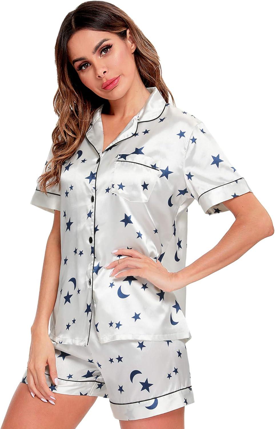 imageSWOMOG Womens Silk Satin Pajamas Set Short Sleeve Sleepwear Button Down Top and Shorts Loungewear 2 Piece Pjs Set XS3XLMoon and Star White