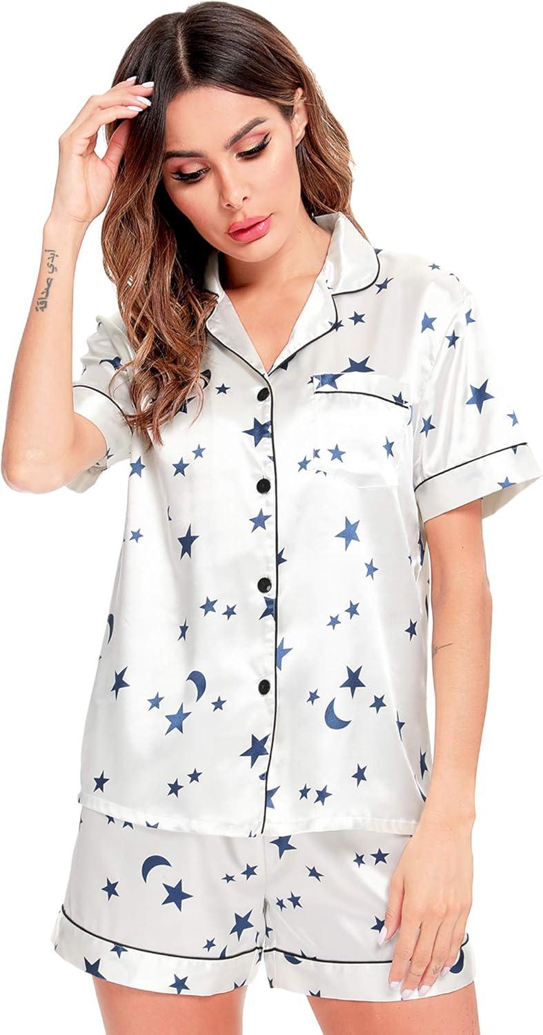 imageSWOMOG Womens Silk Satin Pajamas Set Short Sleeve Sleepwear Button Down Top and Shorts Loungewear 2 Piece Pjs Set XS3XLMoon and Star White