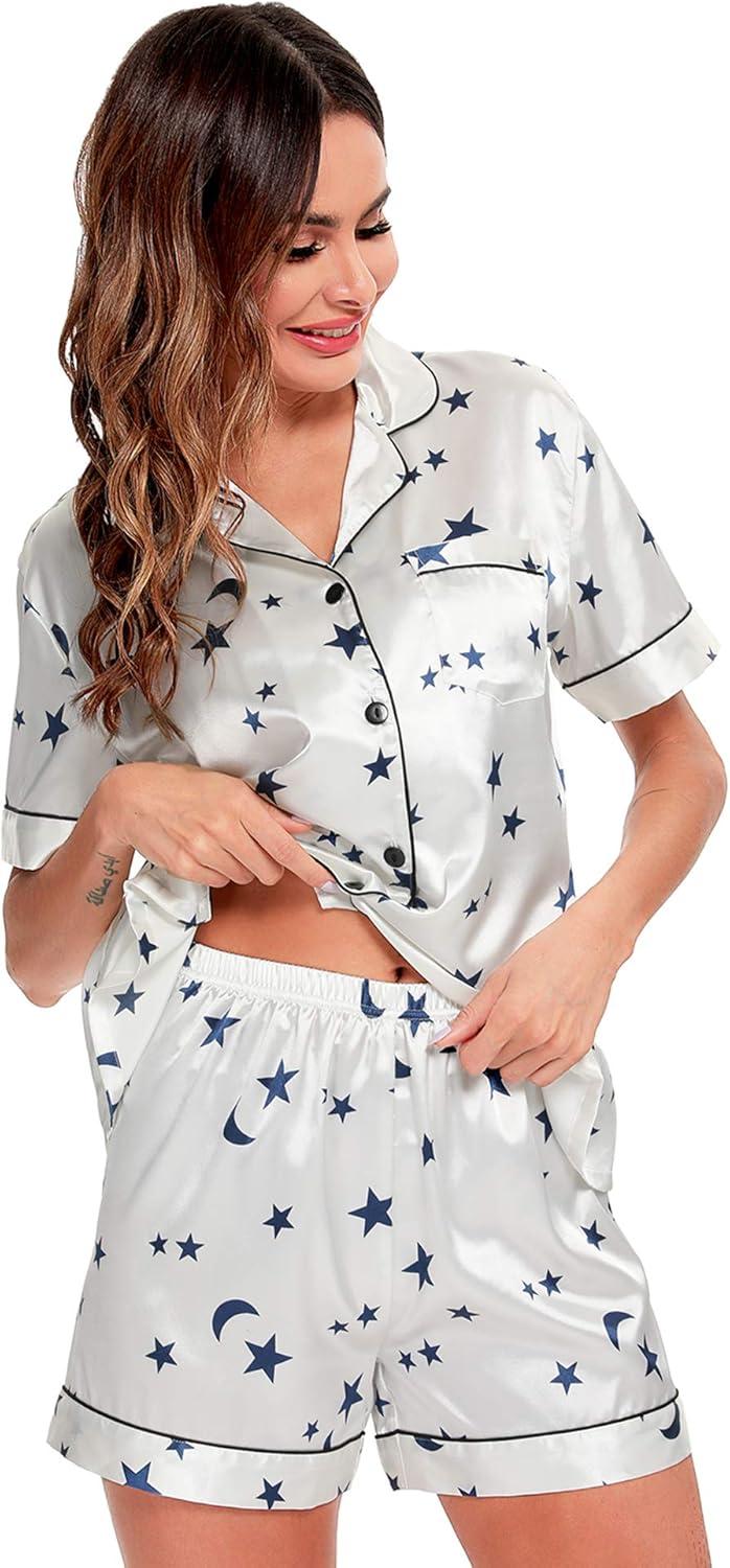 imageSWOMOG Womens Silk Satin Pajamas Set Short Sleeve Sleepwear Button Down Top and Shorts Loungewear 2 Piece Pjs Set XS3XLMoon and Star White