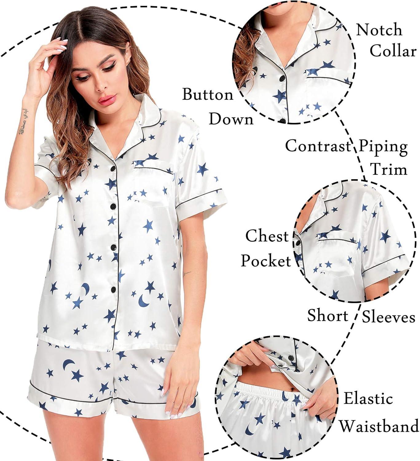 imageSWOMOG Womens Silk Satin Pajamas Set Short Sleeve Sleepwear Button Down Top and Shorts Loungewear 2 Piece Pjs Set XS3XLMoon and Star White