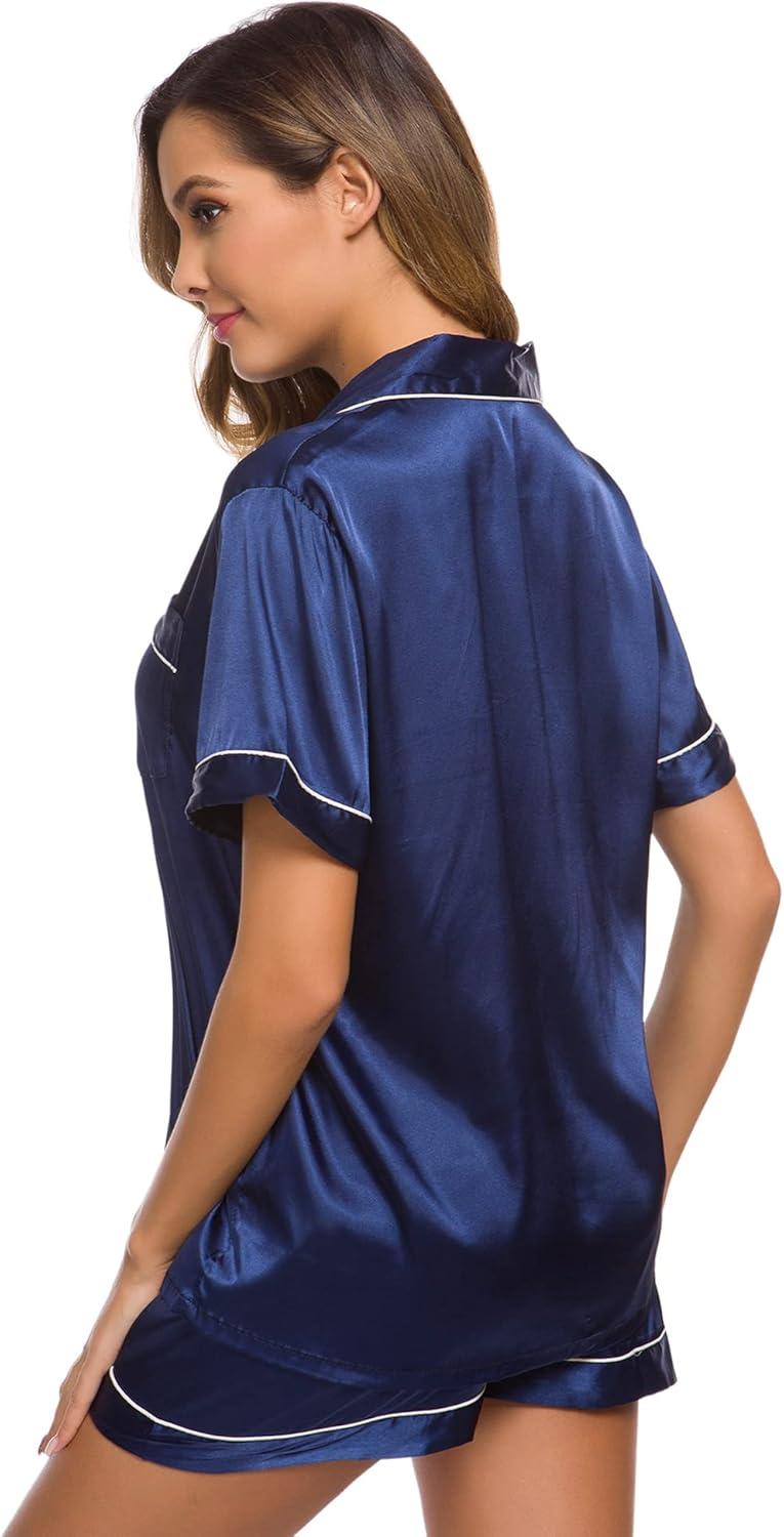 imageSWOMOG Womens Silk Satin Pajamas Set Short Sleeve Sleepwear Button Down Top and Shorts Loungewear 2 Piece Pjs Set XS3XLNavy Blue