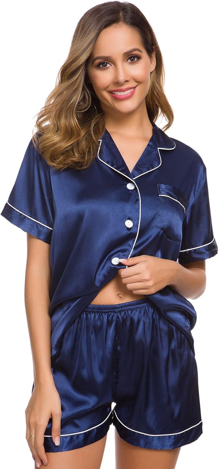 imageSWOMOG Womens Silk Satin Pajamas Set Short Sleeve Sleepwear Button Down Top and Shorts Loungewear 2 Piece Pjs Set XS3XLNavy Blue