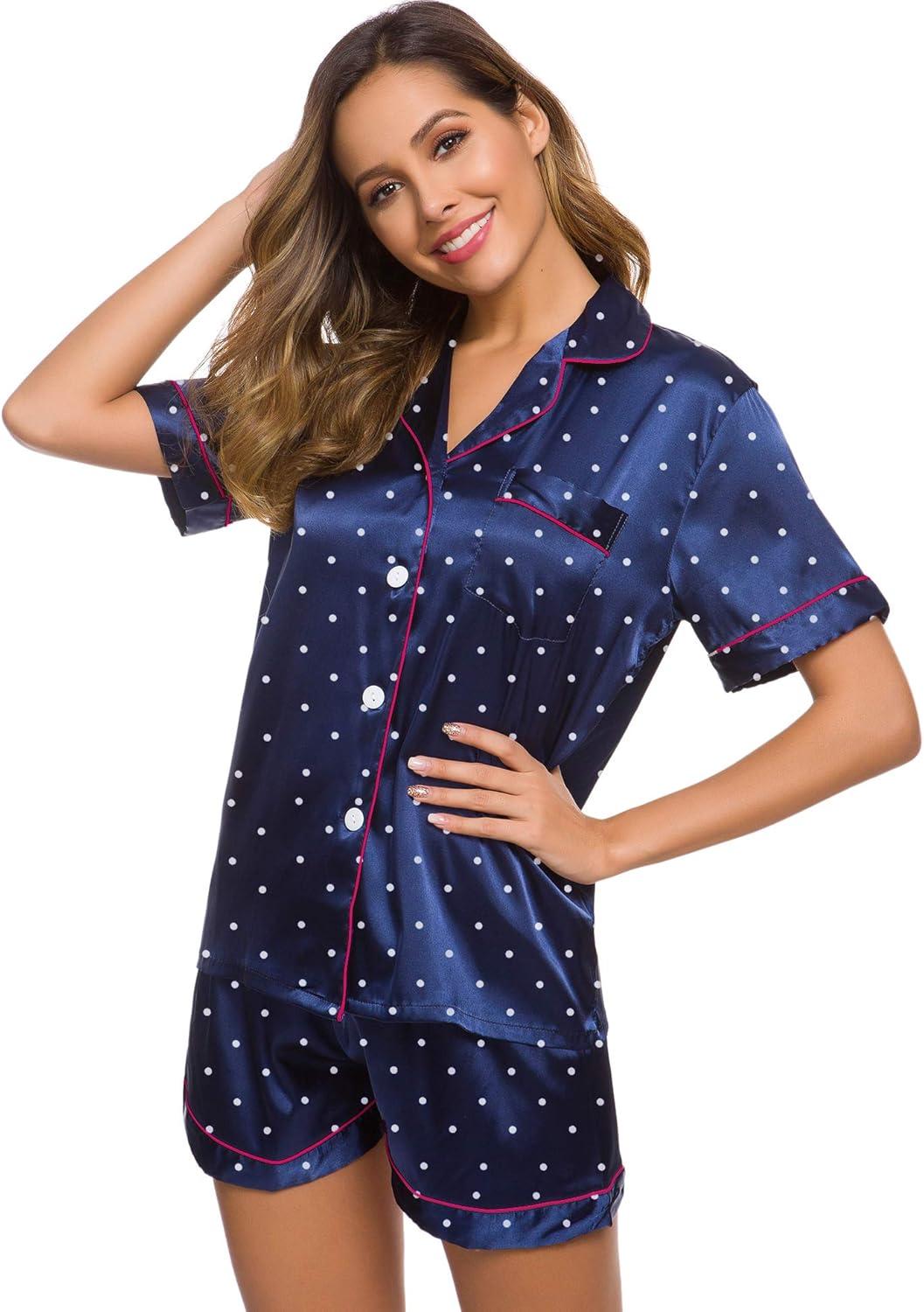 imageSWOMOG Womens Silk Satin Pajamas Set Short Sleeve Sleepwear Button Down Top and Shorts Loungewear 2 Piece Pjs Set XS3XLNavy Blue Dots