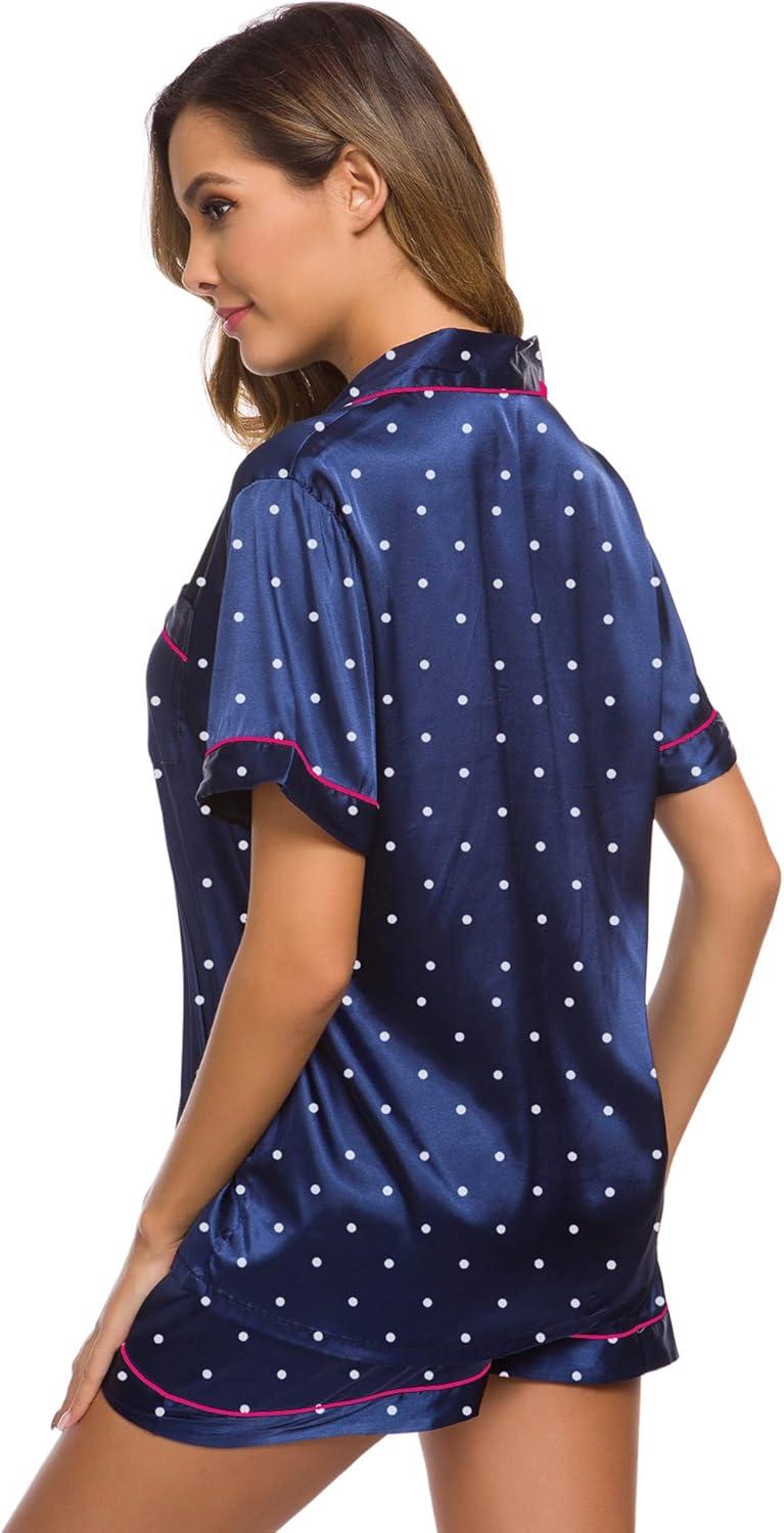 imageSWOMOG Womens Silk Satin Pajamas Set Short Sleeve Sleepwear Button Down Top and Shorts Loungewear 2 Piece Pjs Set XS3XLNavy Blue Dots