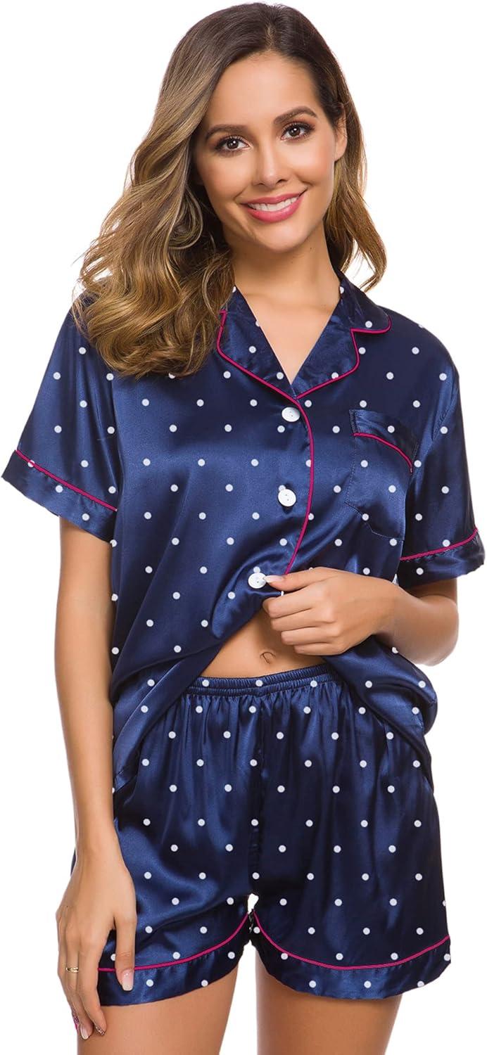 imageSWOMOG Womens Silk Satin Pajamas Set Short Sleeve Sleepwear Button Down Top and Shorts Loungewear 2 Piece Pjs Set XS3XLNavy Blue Dots