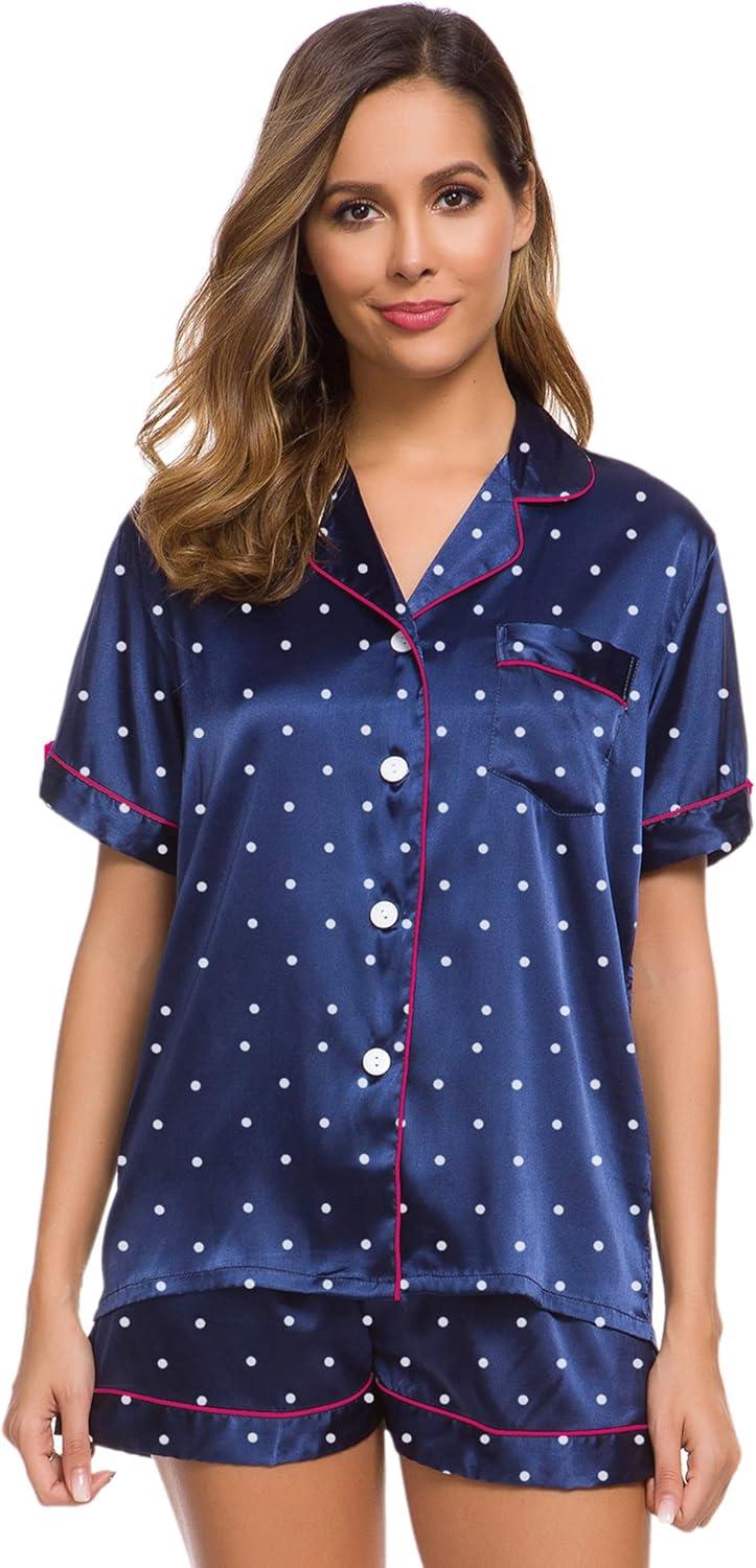 imageSWOMOG Womens Silk Satin Pajamas Set Short Sleeve Sleepwear Button Down Top and Shorts Loungewear 2 Piece Pjs Set XS3XLNavy Blue Dots