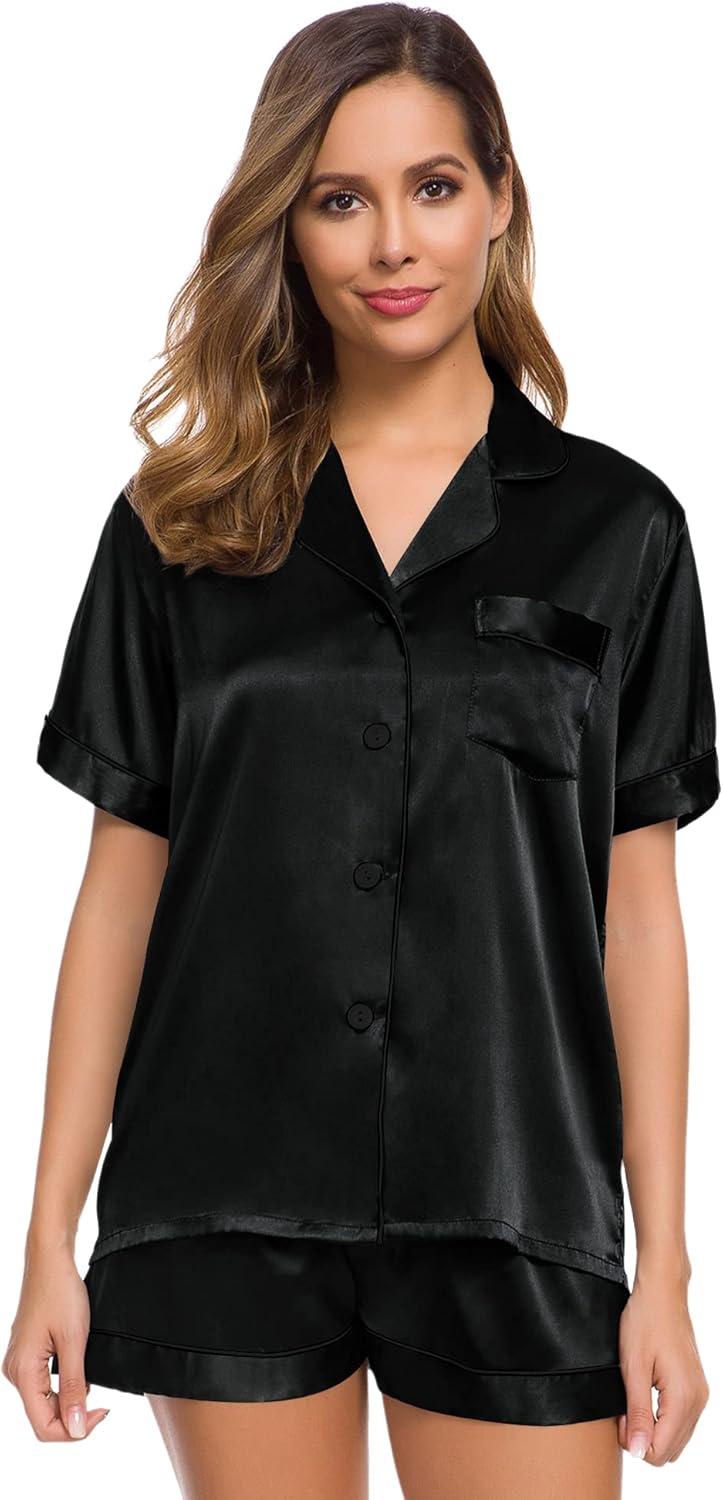 imageSWOMOG Womens Silk Satin Pajamas Set Short Sleeve Sleepwear Button Down Top and Shorts Loungewear 2 Piece Pjs Set XS3XLObsidian