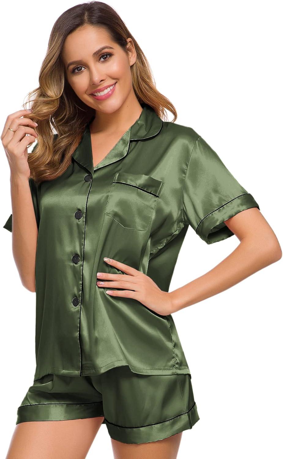 imageSWOMOG Womens Silk Satin Pajamas Set Short Sleeve Sleepwear Button Down Top and Shorts Loungewear 2 Piece Pjs Set XS3XLOlive Green