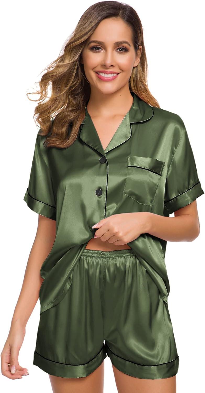 imageSWOMOG Womens Silk Satin Pajamas Set Short Sleeve Sleepwear Button Down Top and Shorts Loungewear 2 Piece Pjs Set XS3XLOlive Green