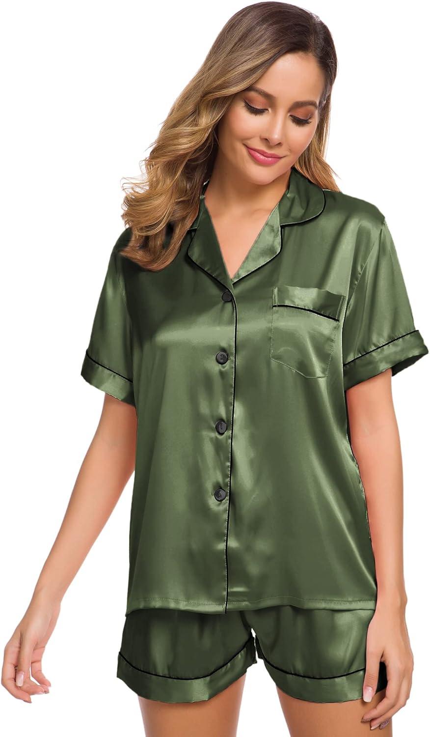 imageSWOMOG Womens Silk Satin Pajamas Set Short Sleeve Sleepwear Button Down Top and Shorts Loungewear 2 Piece Pjs Set XS3XLOlive Green