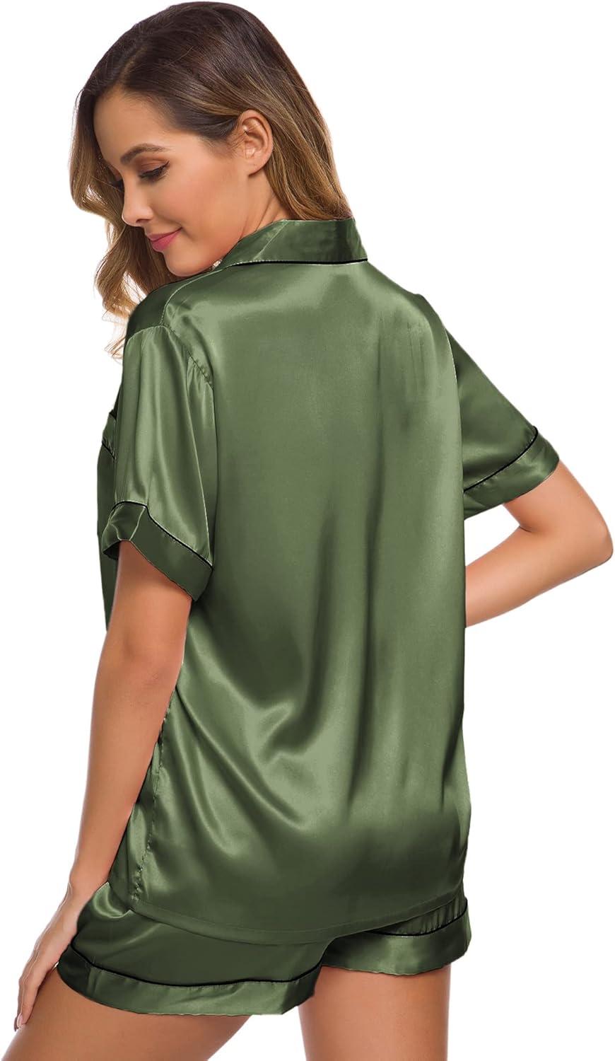 imageSWOMOG Womens Silk Satin Pajamas Set Short Sleeve Sleepwear Button Down Top and Shorts Loungewear 2 Piece Pjs Set XS3XLOlive Green
