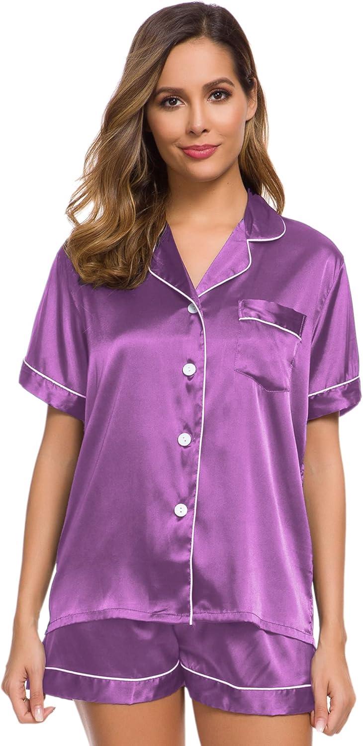 imageSWOMOG Womens Silk Satin Pajamas Set Short Sleeve Sleepwear Button Down Top and Shorts Loungewear 2 Piece Pjs Set XS3XLOrchid