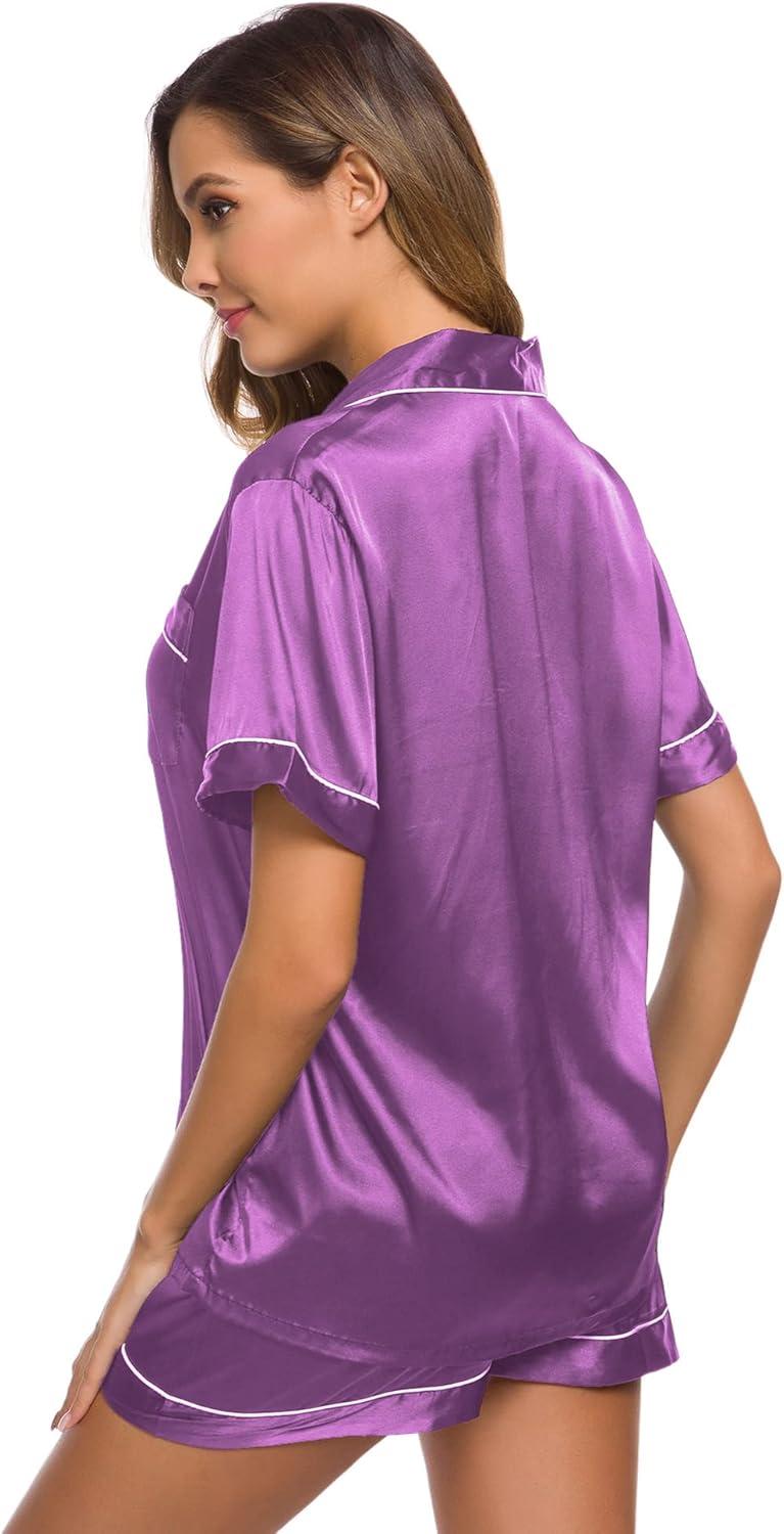 imageSWOMOG Womens Silk Satin Pajamas Set Short Sleeve Sleepwear Button Down Top and Shorts Loungewear 2 Piece Pjs Set XS3XLOrchid