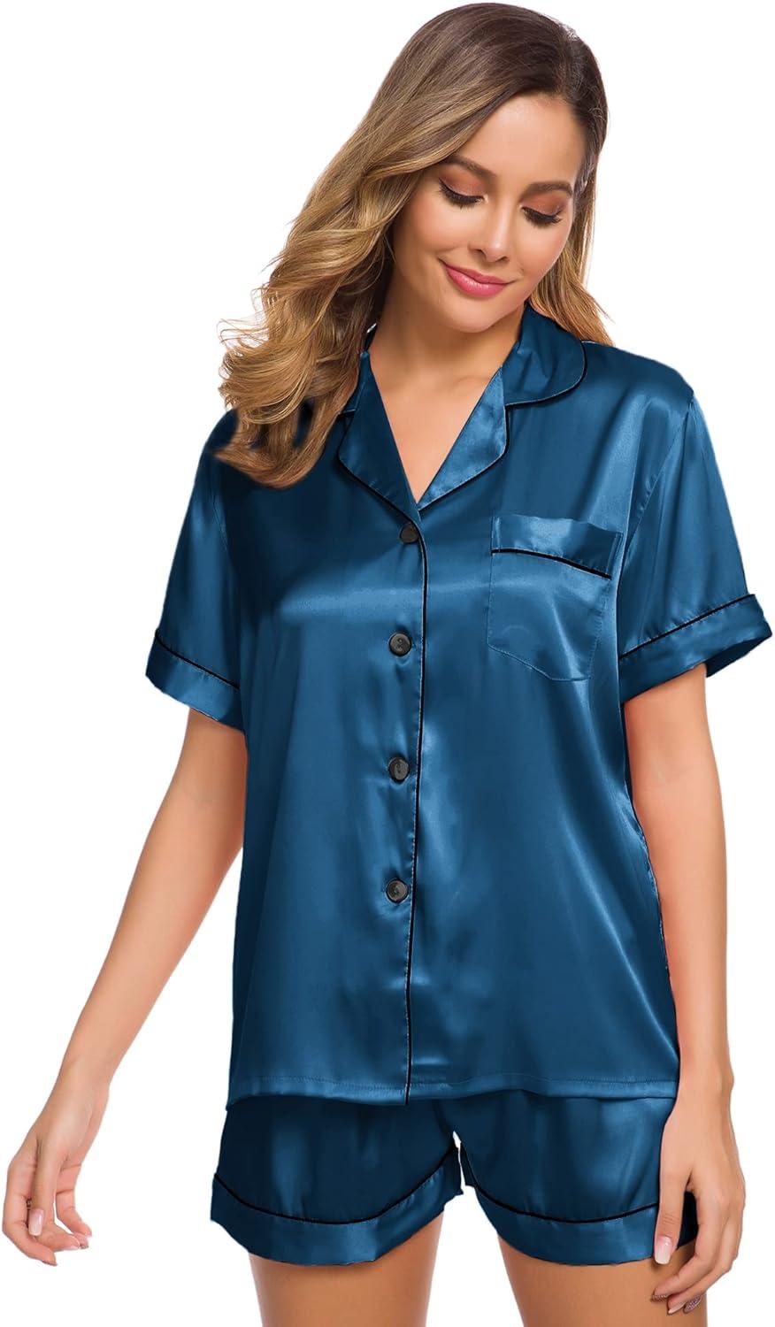 imageSWOMOG Womens Silk Satin Pajamas Set Short Sleeve Sleepwear Button Down Top and Shorts Loungewear 2 Piece Pjs Set XS3XLPeacock Blue