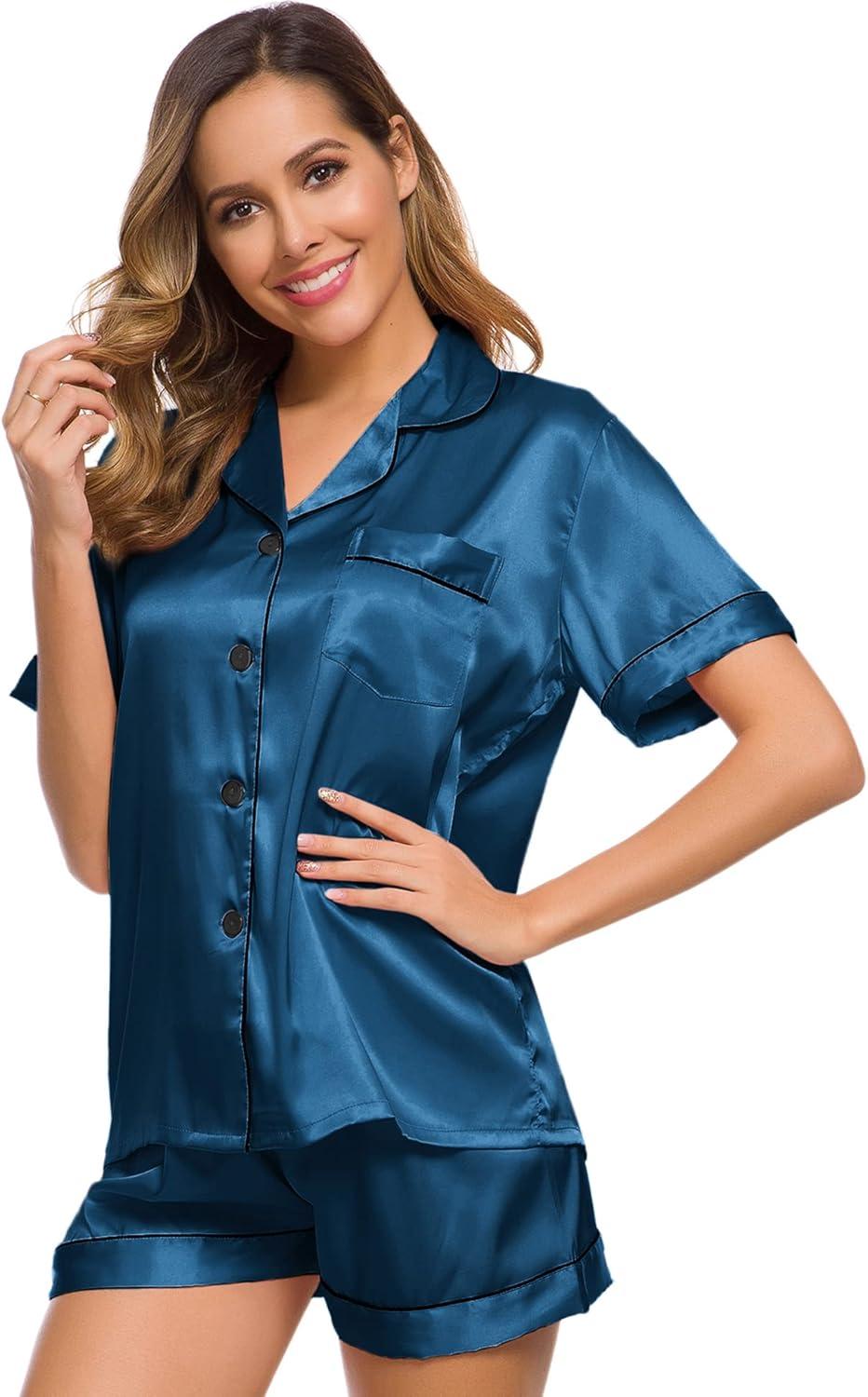imageSWOMOG Womens Silk Satin Pajamas Set Short Sleeve Sleepwear Button Down Top and Shorts Loungewear 2 Piece Pjs Set XS3XLPeacock Blue