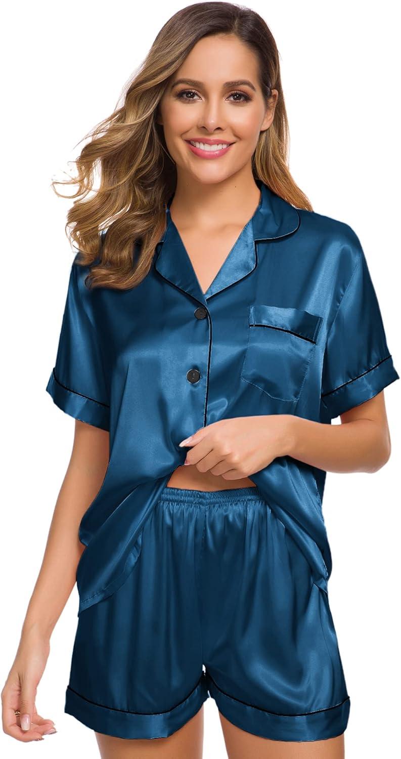 imageSWOMOG Womens Silk Satin Pajamas Set Short Sleeve Sleepwear Button Down Top and Shorts Loungewear 2 Piece Pjs Set XS3XLPeacock Blue