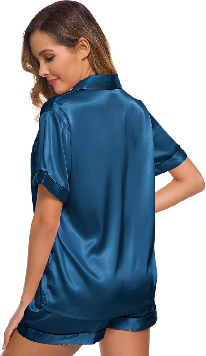 imageSWOMOG Womens Silk Satin Pajamas Set Short Sleeve Sleepwear Button Down Top and Shorts Loungewear 2 Piece Pjs Set XS3XLPeacock Blue