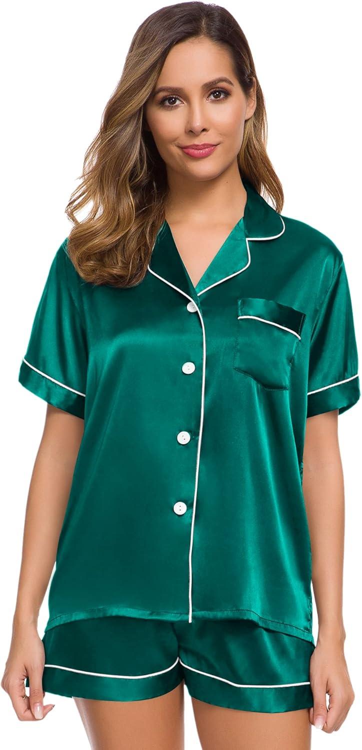 imageSWOMOG Womens Silk Satin Pajamas Set Short Sleeve Sleepwear Button Down Top and Shorts Loungewear 2 Piece Pjs Set XS3XLPersian Green