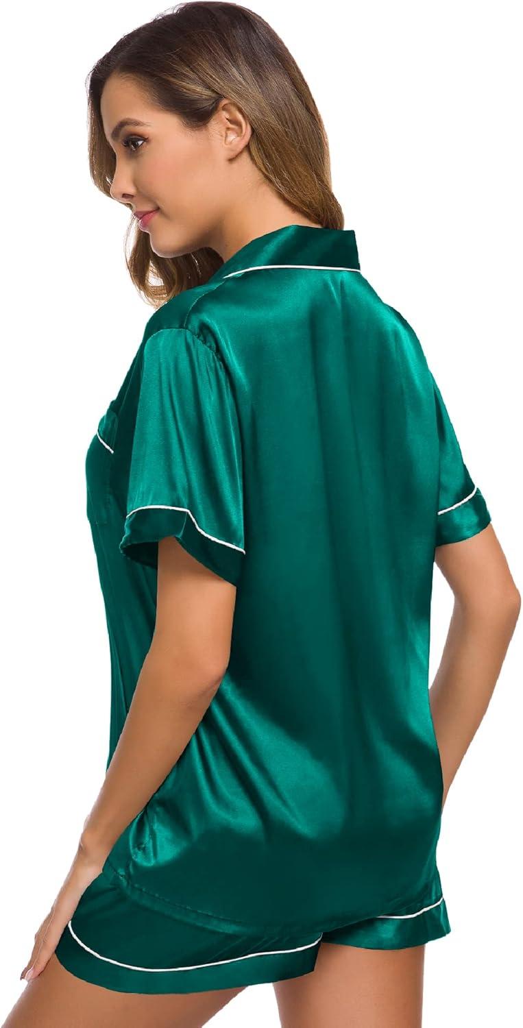 imageSWOMOG Womens Silk Satin Pajamas Set Short Sleeve Sleepwear Button Down Top and Shorts Loungewear 2 Piece Pjs Set XS3XLPersian Green