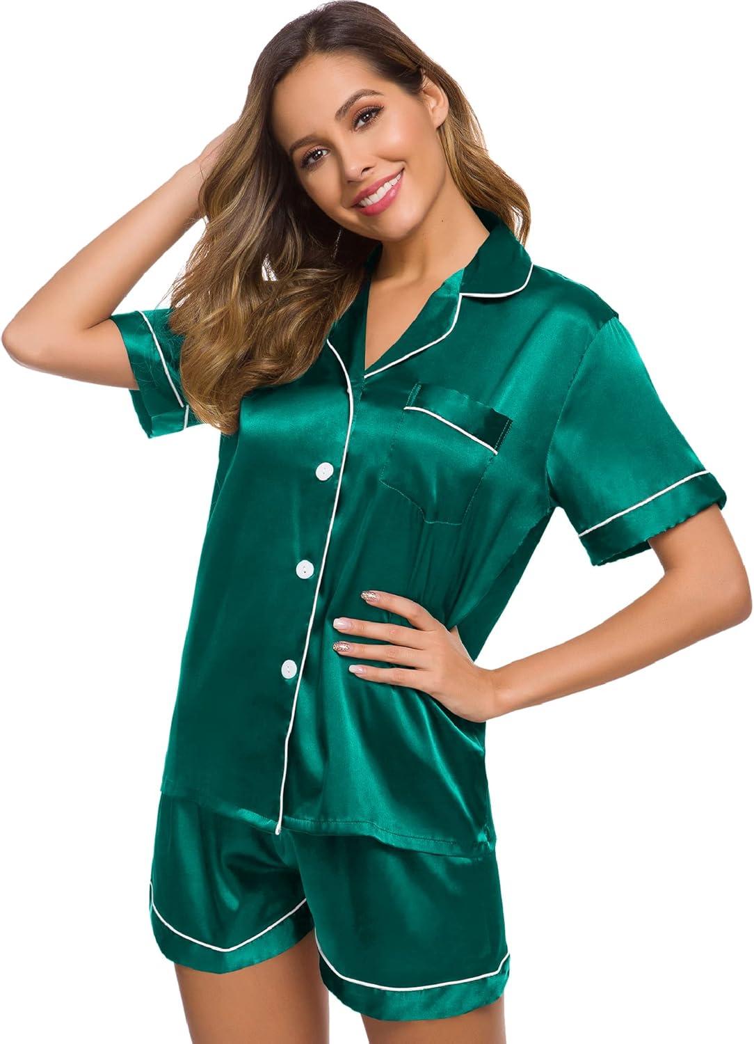 imageSWOMOG Womens Silk Satin Pajamas Set Short Sleeve Sleepwear Button Down Top and Shorts Loungewear 2 Piece Pjs Set XS3XLPersian Green