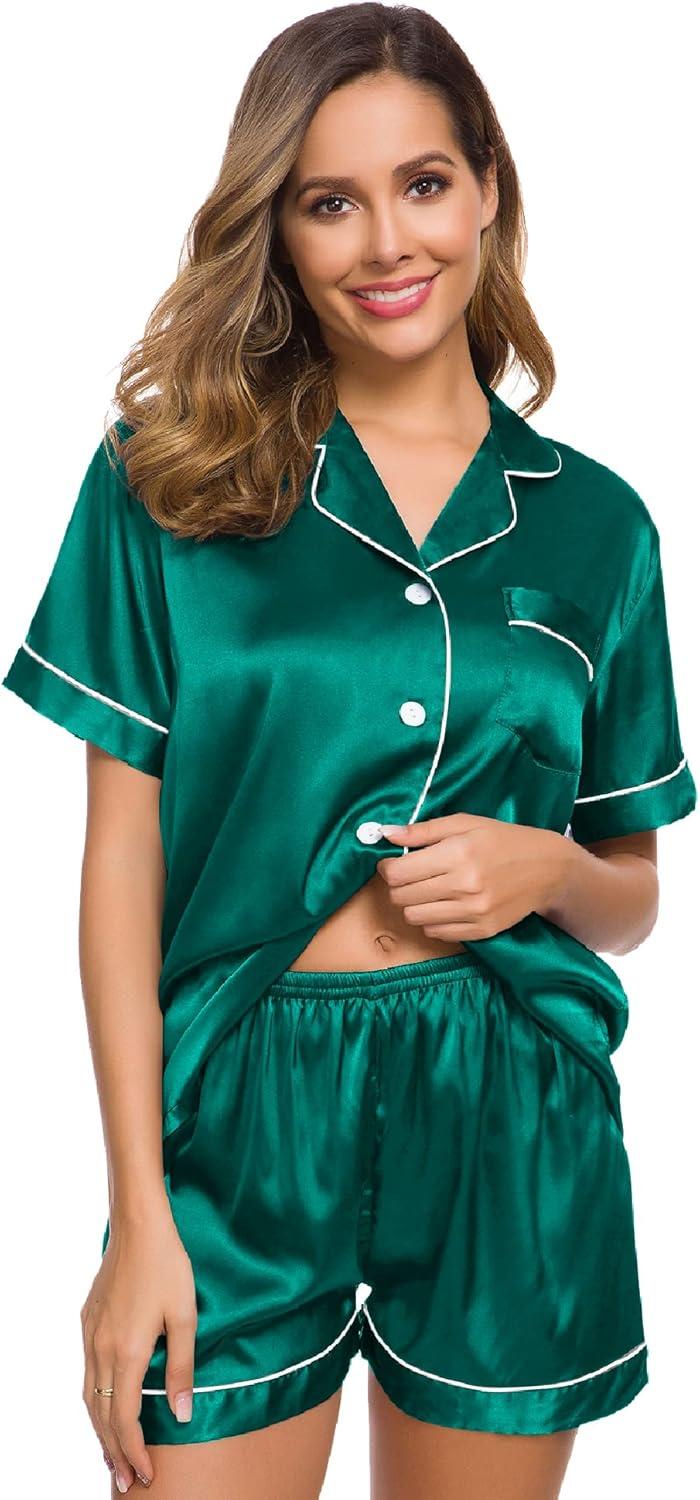 imageSWOMOG Womens Silk Satin Pajamas Set Short Sleeve Sleepwear Button Down Top and Shorts Loungewear 2 Piece Pjs Set XS3XLPersian Green