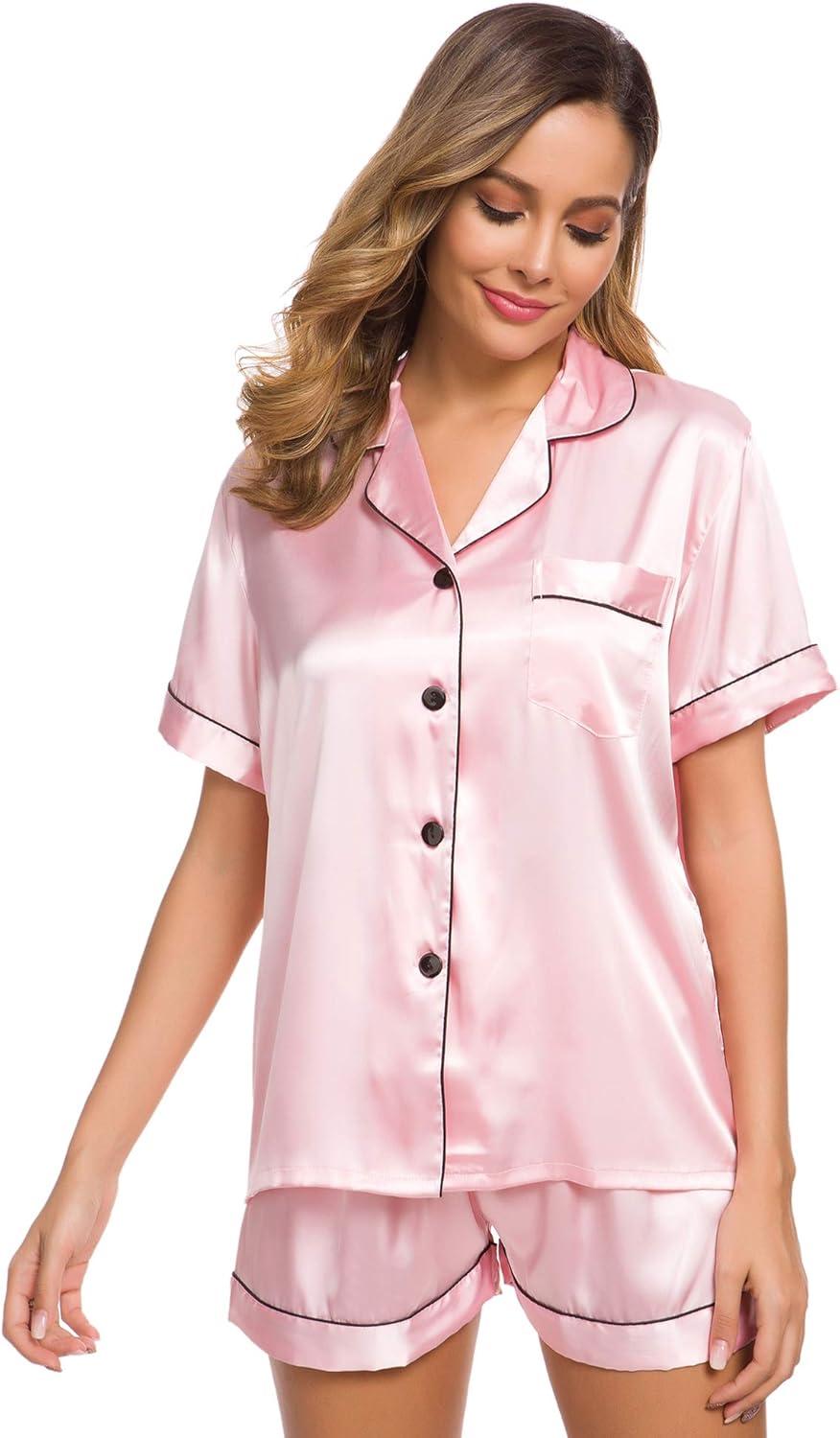 imageSWOMOG Womens Silk Satin Pajamas Set Short Sleeve Sleepwear Button Down Top and Shorts Loungewear 2 Piece Pjs Set XS3XLPink