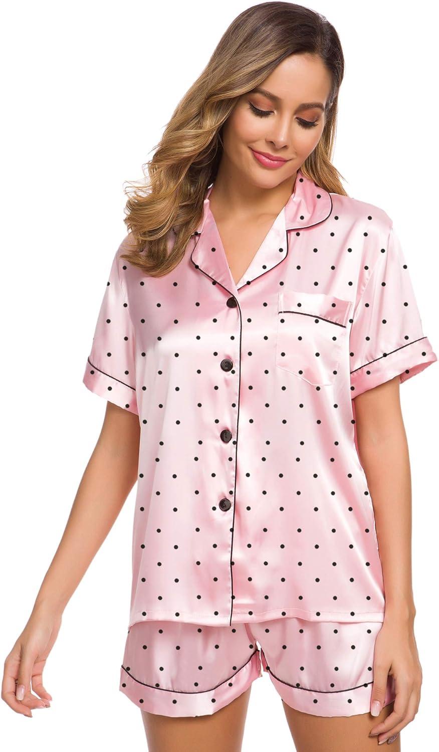 imageSWOMOG Womens Silk Satin Pajamas Set Short Sleeve Sleepwear Button Down Top and Shorts Loungewear 2 Piece Pjs Set XS3XLPink Dots