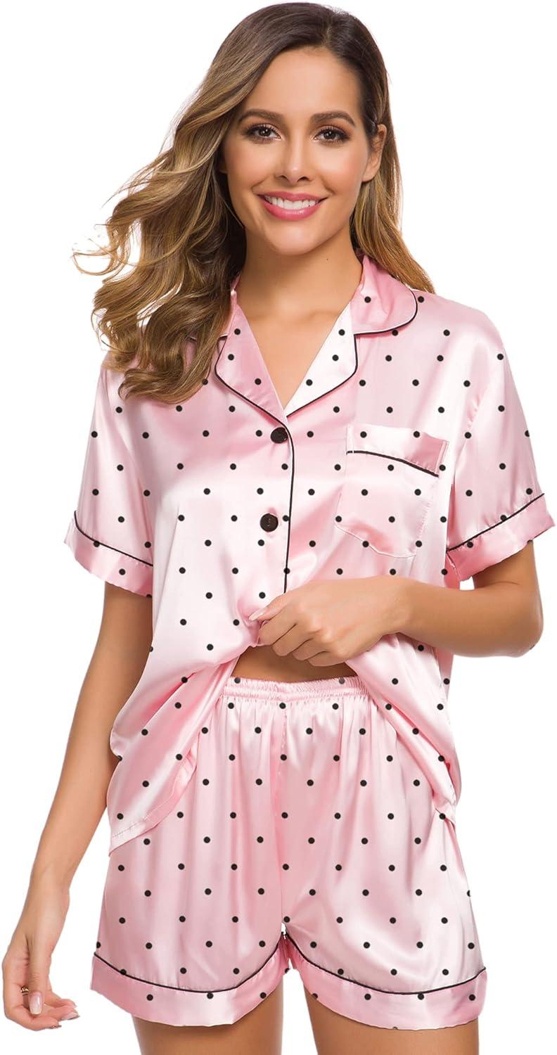 imageSWOMOG Womens Silk Satin Pajamas Set Short Sleeve Sleepwear Button Down Top and Shorts Loungewear 2 Piece Pjs Set XS3XLPink Dots