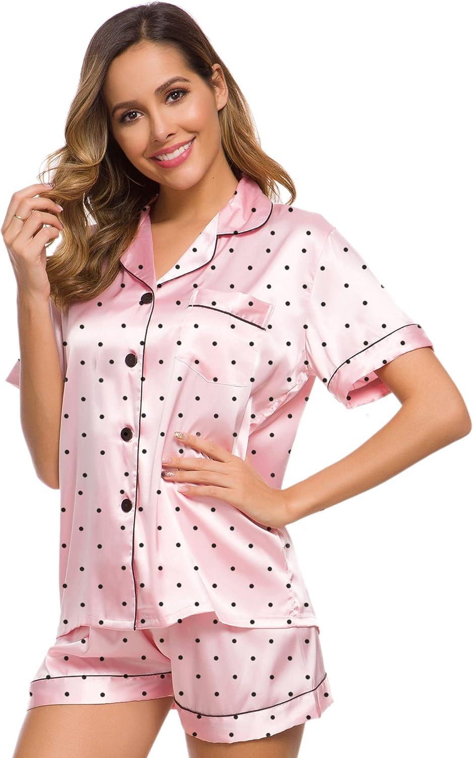 imageSWOMOG Womens Silk Satin Pajamas Set Short Sleeve Sleepwear Button Down Top and Shorts Loungewear 2 Piece Pjs Set XS3XLPink Dots