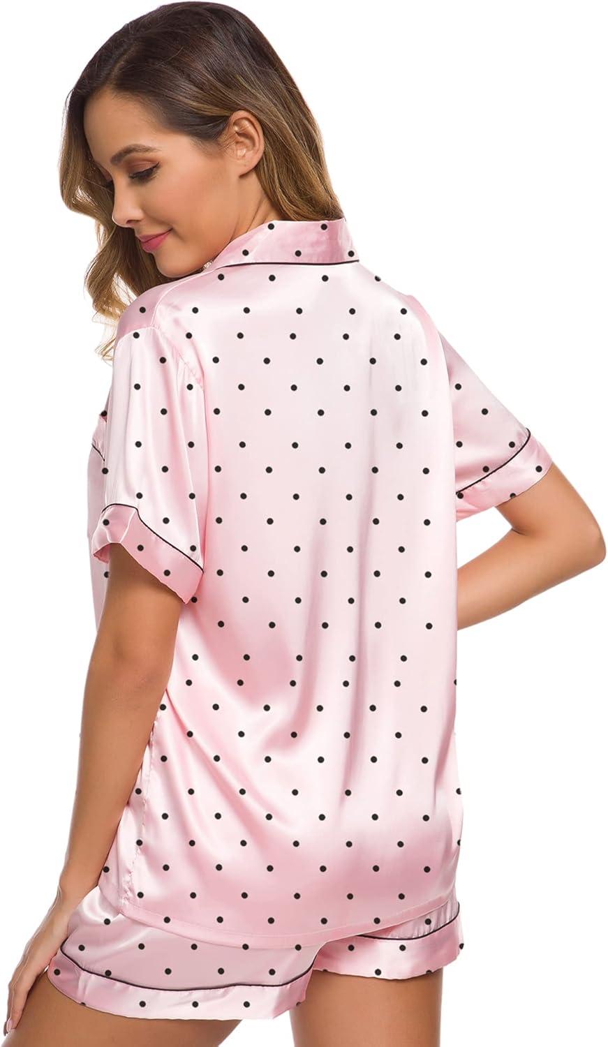 imageSWOMOG Womens Silk Satin Pajamas Set Short Sleeve Sleepwear Button Down Top and Shorts Loungewear 2 Piece Pjs Set XS3XLPink Dots