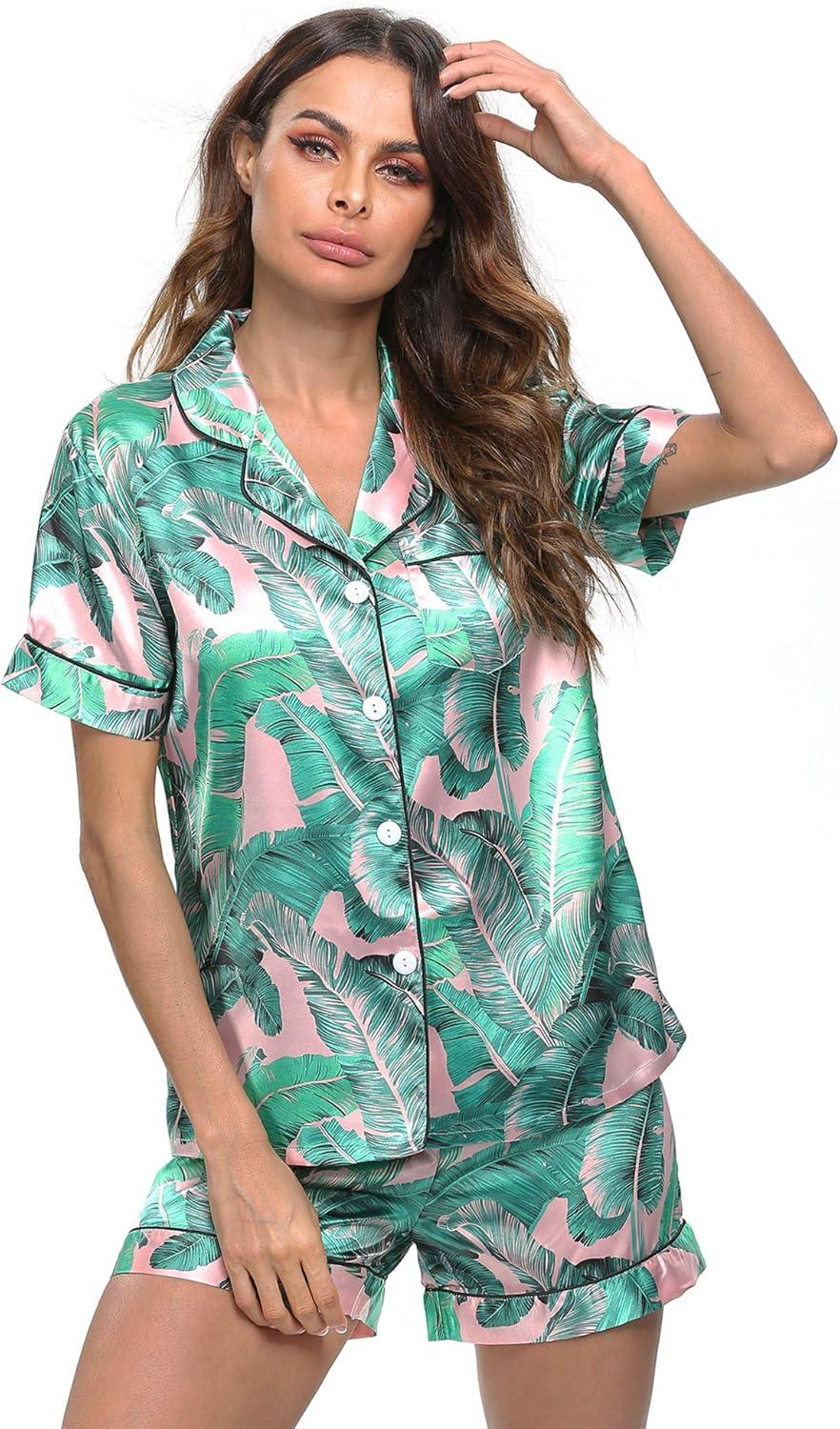 imageSWOMOG Womens Silk Satin Pajamas Set Short Sleeve Sleepwear Button Down Top and Shorts Loungewear 2 Piece Pjs Set XS3XLPink Leaves