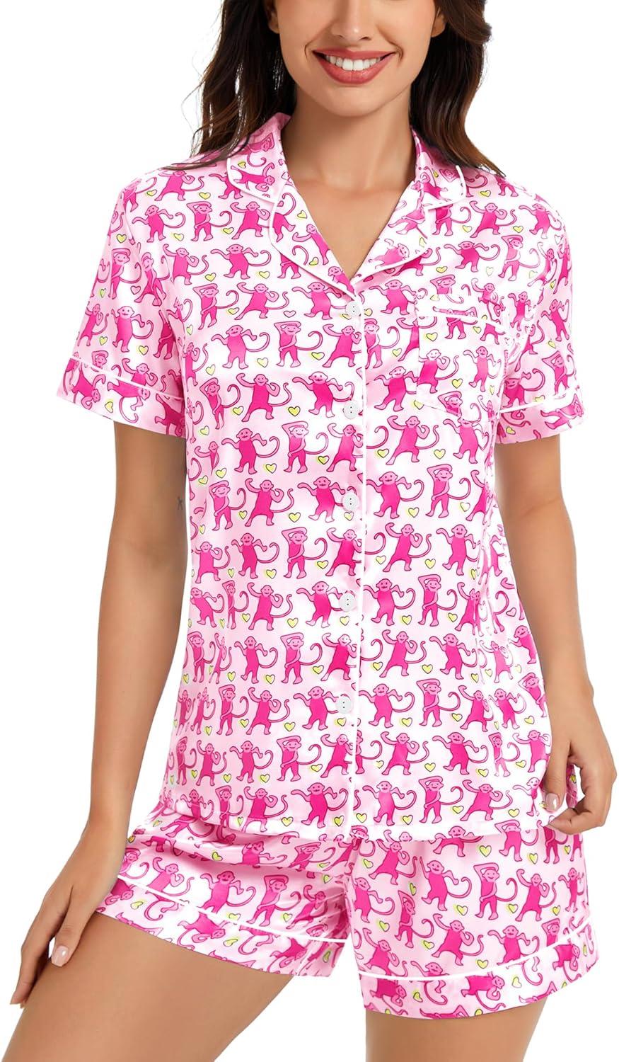 imageSWOMOG Womens Silk Satin Pajamas Set Short Sleeve Sleepwear Button Down Top and Shorts Loungewear 2 Piece Pjs Set XS3XLPink Monkey