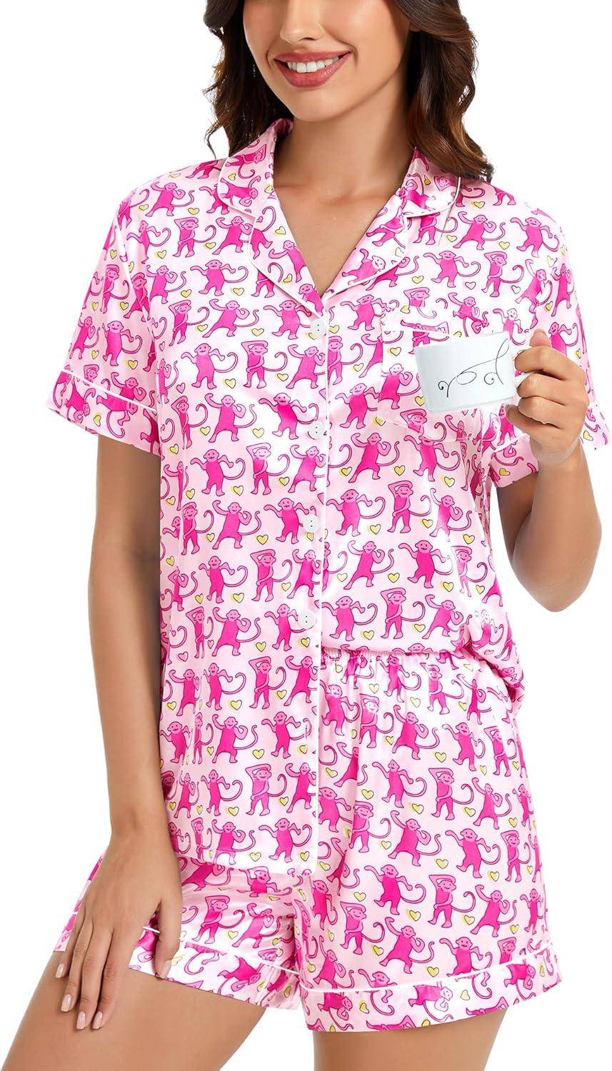imageSWOMOG Womens Silk Satin Pajamas Set Short Sleeve Sleepwear Button Down Top and Shorts Loungewear 2 Piece Pjs Set XS3XLPink Monkey