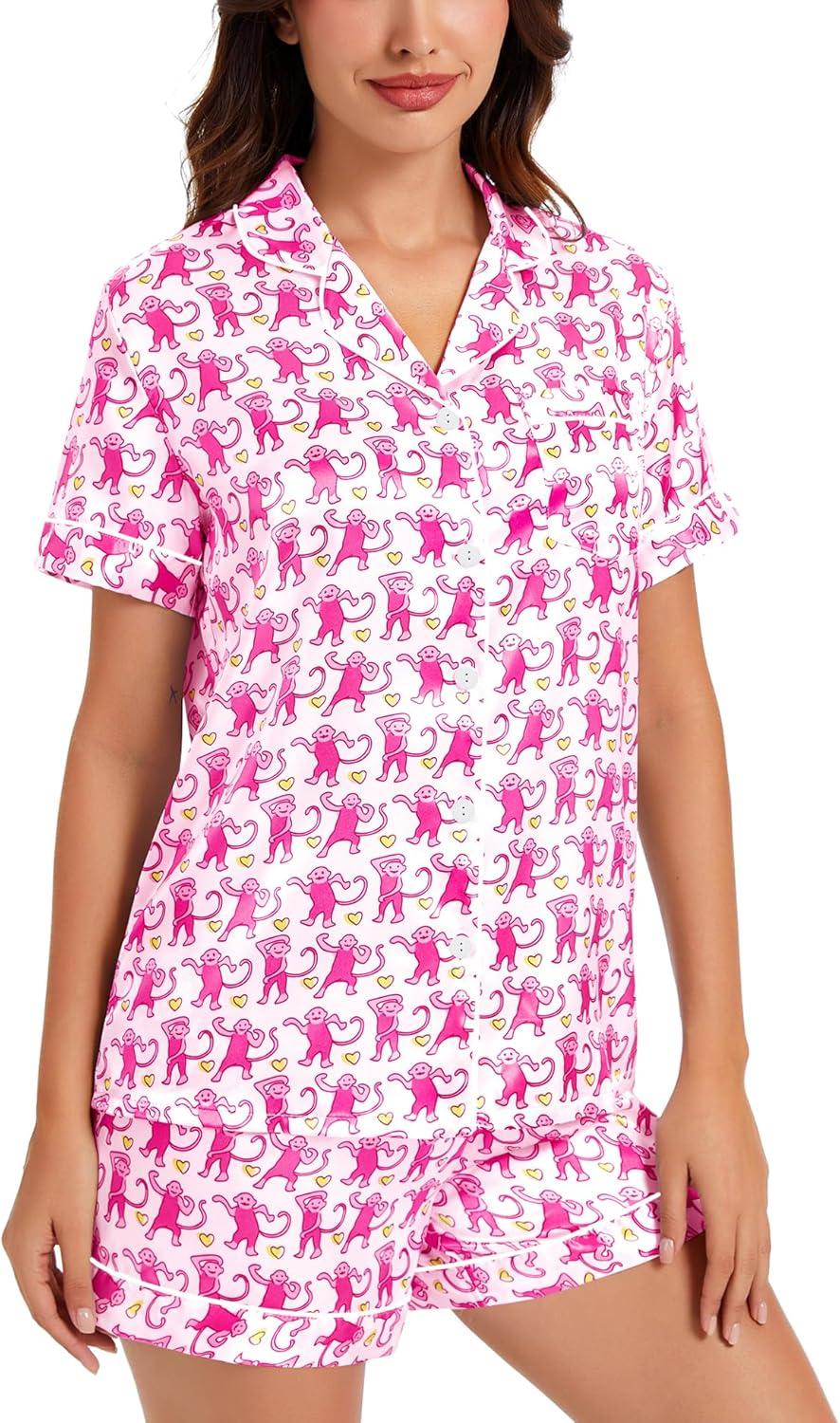 imageSWOMOG Womens Silk Satin Pajamas Set Short Sleeve Sleepwear Button Down Top and Shorts Loungewear 2 Piece Pjs Set XS3XLPink Monkey
