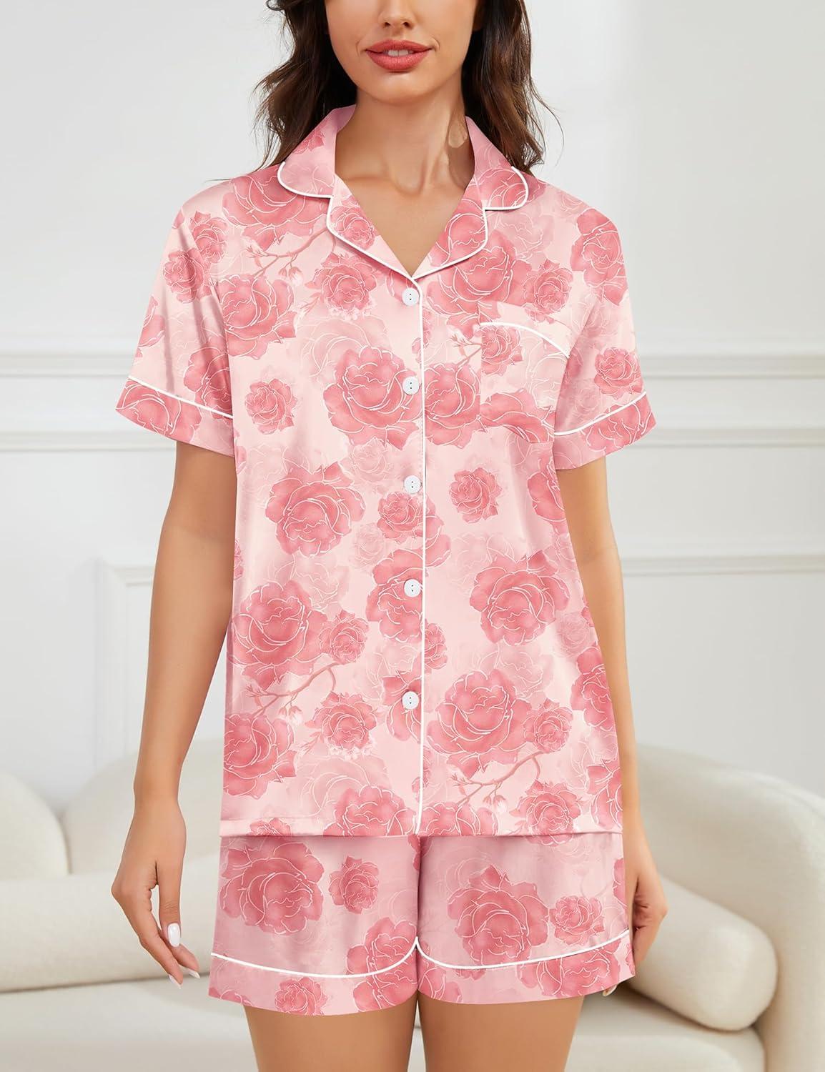 imageSWOMOG Womens Silk Satin Pajamas Set Short Sleeve Sleepwear Button Down Top and Shorts Loungewear 2 Piece Pjs Set XS3XLPink Rose