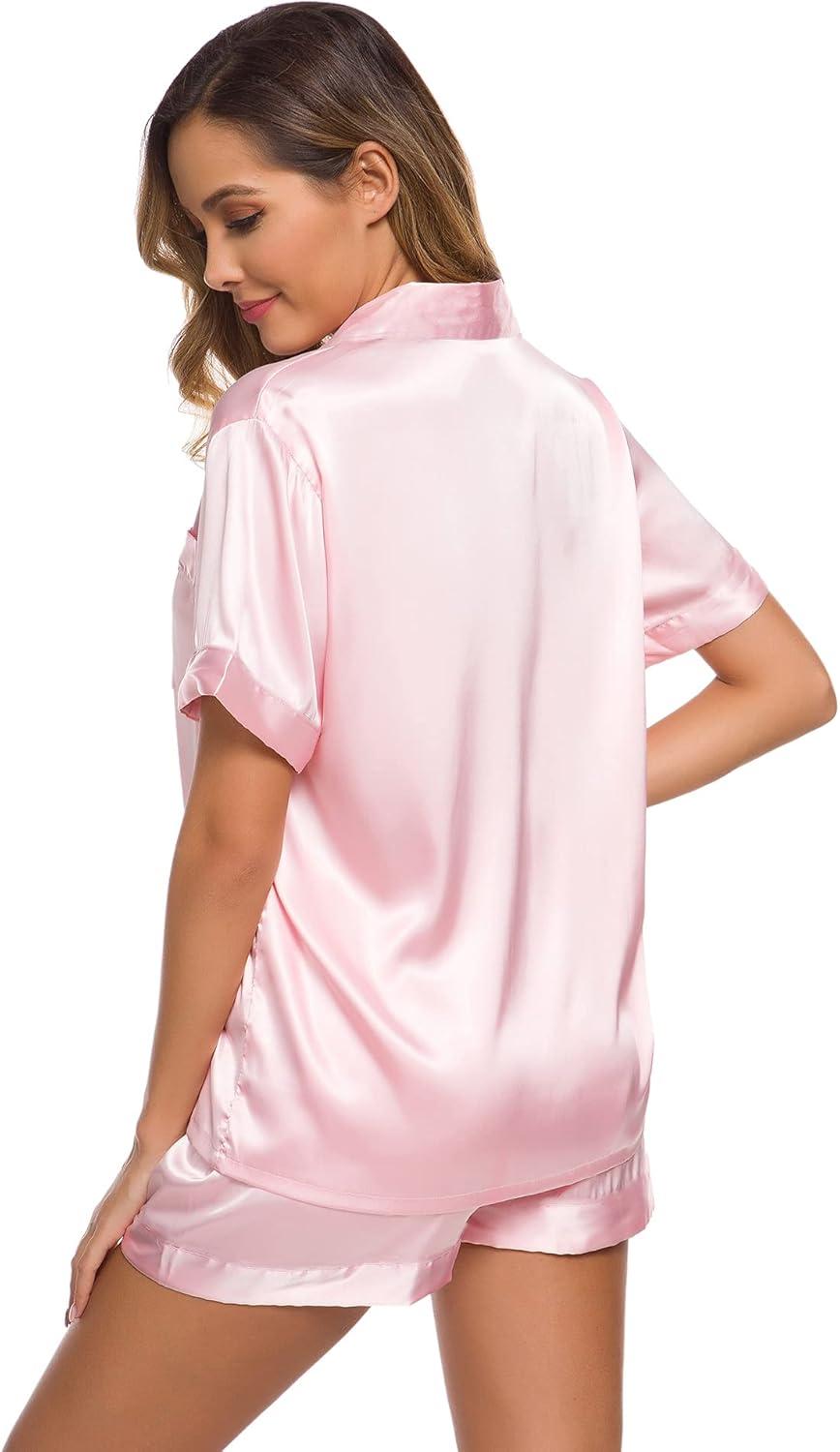imageSWOMOG Womens Silk Satin Pajamas Set Short Sleeve Sleepwear Button Down Top and Shorts Loungewear 2 Piece Pjs Set XS3XLPink Solid