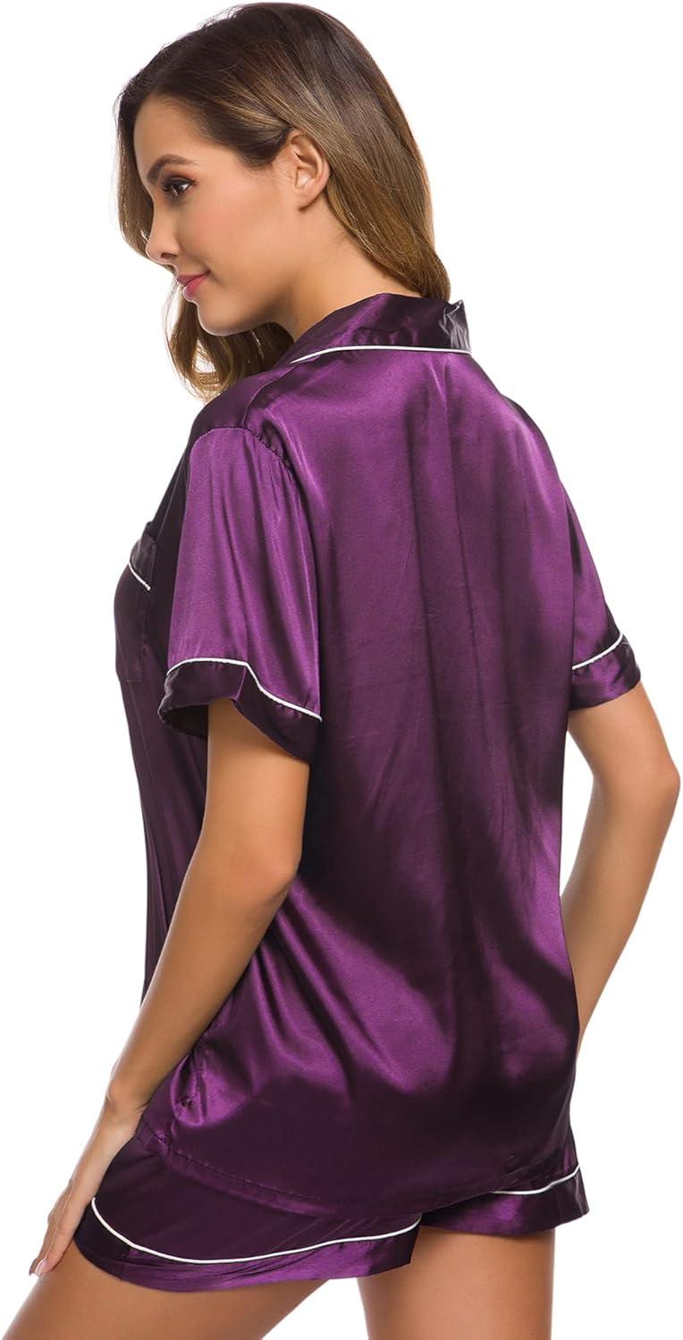 imageSWOMOG Womens Silk Satin Pajamas Set Short Sleeve Sleepwear Button Down Top and Shorts Loungewear 2 Piece Pjs Set XS3XLPurple