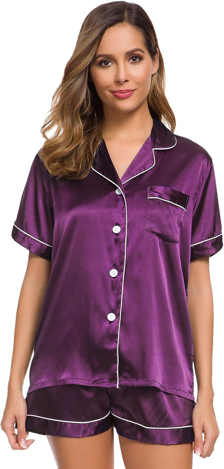 imageSWOMOG Womens Silk Satin Pajamas Set Short Sleeve Sleepwear Button Down Top and Shorts Loungewear 2 Piece Pjs Set XS3XLPurple