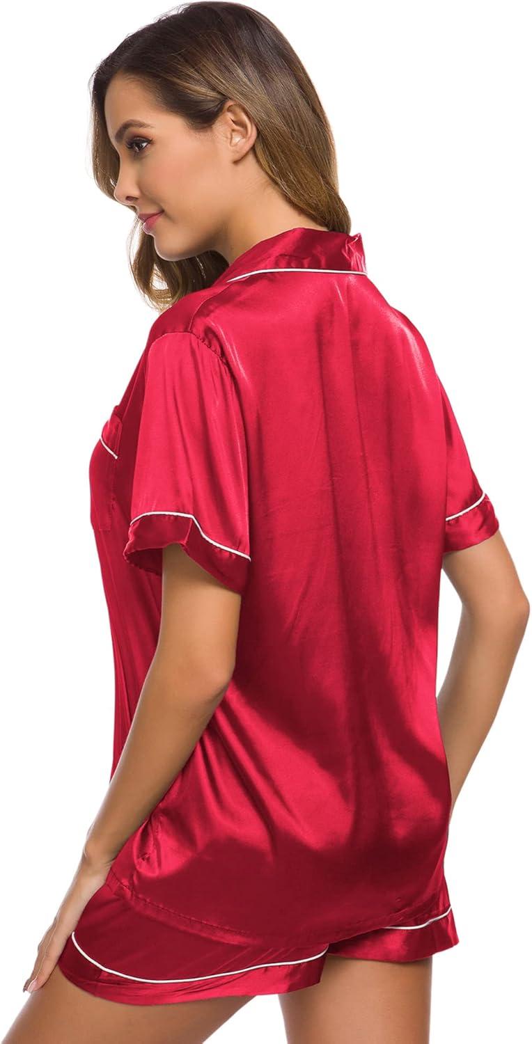 imageSWOMOG Womens Silk Satin Pajamas Set Short Sleeve Sleepwear Button Down Top and Shorts Loungewear 2 Piece Pjs Set XS3XLRed
