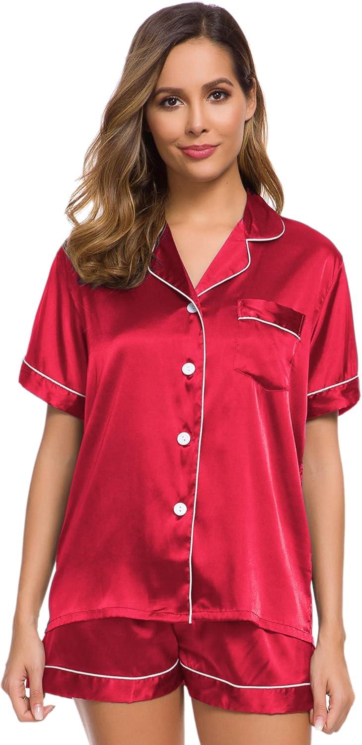 imageSWOMOG Womens Silk Satin Pajamas Set Short Sleeve Sleepwear Button Down Top and Shorts Loungewear 2 Piece Pjs Set XS3XLRed